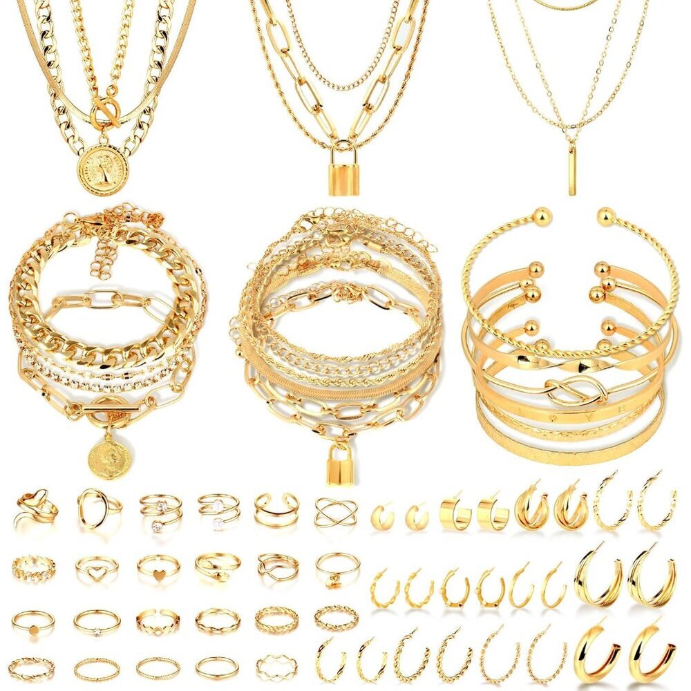 Minimalist Gold Jewelry Set with Stackable Rings & Hoop Earrings - Perfect Gift